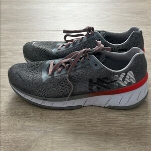 Hoka Gray Knit Running Sneakers with Red Accent